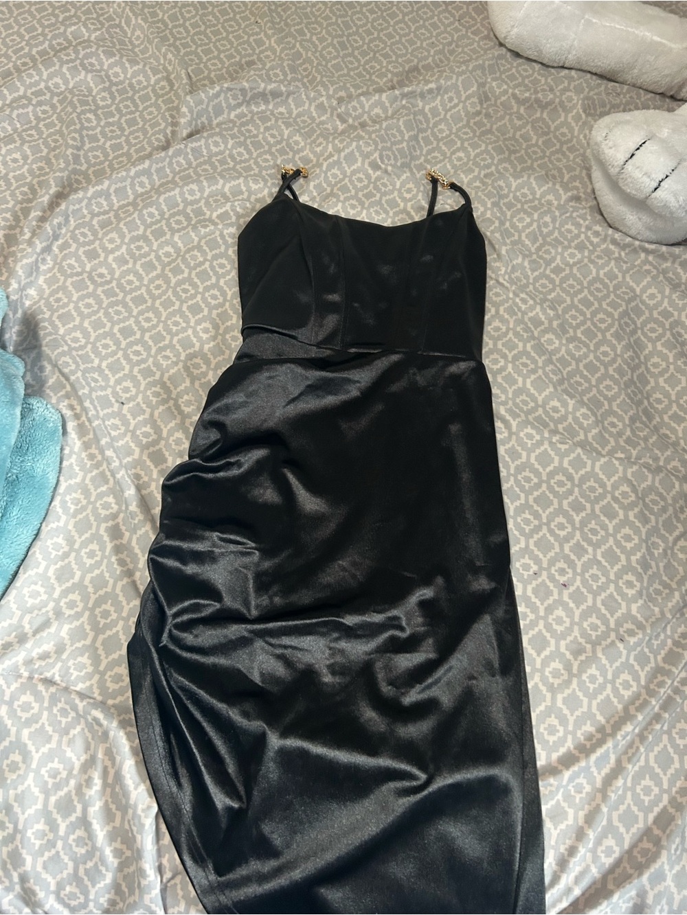 Black Satin Slip Dress with Gold Strap Accents